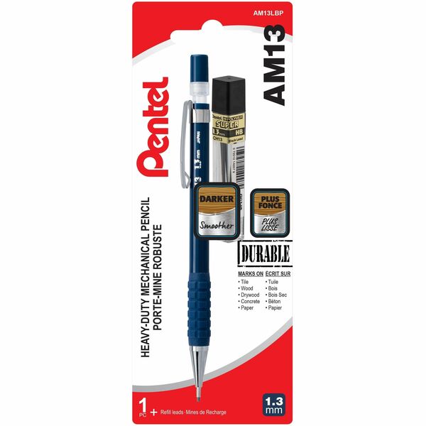 Pentel AM13 Heavy Duty Mechanical Pencil, Construction, Warehouse, Marking, Pre-loaded with Super Hi-Polymer Lead, 1.3mm Bold Point, Blue Barrel, 1 Pencil Plus Refill Lead Tube - Pentel AM13 Heavy Duty Mechanical Pencil, Construction, Warehouse, Marking,