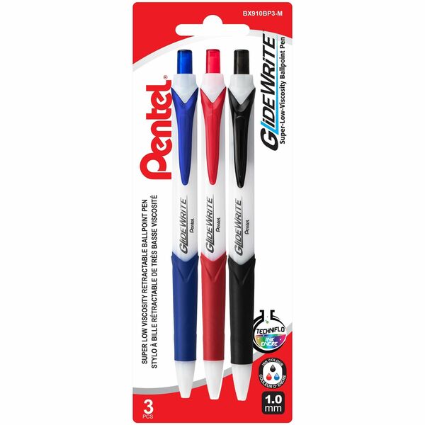 Pentel GlideWrite Ballpoint Pen with TechnIFlo Ink, (1.0mm) Bold Point, 3PC Assorted Pack - Retractable Ballpoint Pen, Ultra Smooth Everyday Writing, Office Supplies, School Supplies