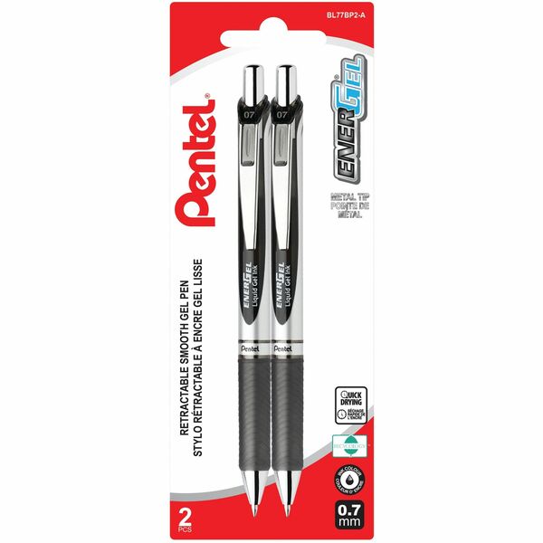 Pentel EnerGel Retractable Gel Roller, (0.7mm) Metal Tip, Black Ink, 2PC Pack - Retractable Liquid Gel Rollerball Pen, Everyday Writing, Office Supplies, School Supplies