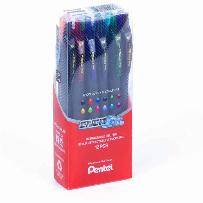 Pentel Black Slim Barrel 12 Colour Pack - Refillable - Retractable - Assorted Ink - Liquid Gel Ink - Black Barrel - Stainless Steel Tip - Office, School, Writing - 12 / Pack