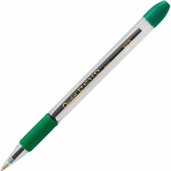 Pentel R.S.V.P. Ballpoint Pen, (1.0mm), Green Ink - 1 mm (0.04") Bold Pen Point - Refillable - Green Ink - Transparent Barrel - Office, School, Writing - 12 / Box
