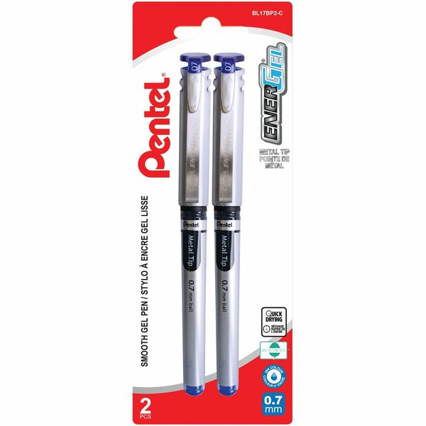 Pentel EnerGel Liquid Gel Pen, (0.7mm) Metal Tip, Capped, Blue Ink, 2PC Pack - Liquid Gel Rollerball Pen with Cap to Protect Pockets, Everyday Writing, Office Supplies, School Supplies