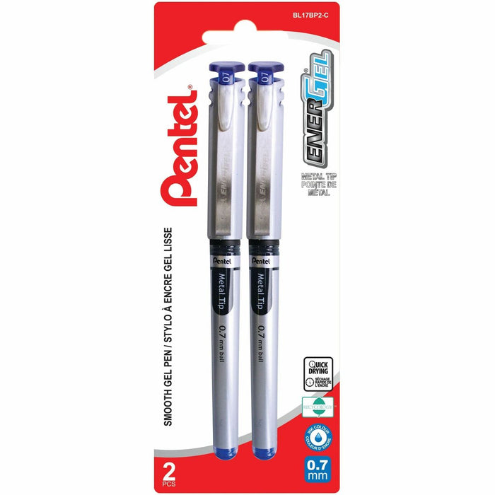 Pentel EnerGel Liquid Gel Pen, (0.7mm) Metal Tip, Capped, Blue Ink, 2PC Pack - Liquid Gel Rollerball Pen with Cap to Protect Pockets, Everyday Writing, Office Supplies, School Supplies