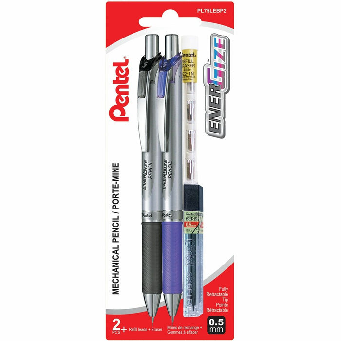 Pentel EnerGize Retractable Mechanical Pencil (0.5mm) with Lead and Erasers, 2PC Pack - Retractable Mechanical Pencil, Companion Pencil for the EnerGel BLN75 Pens