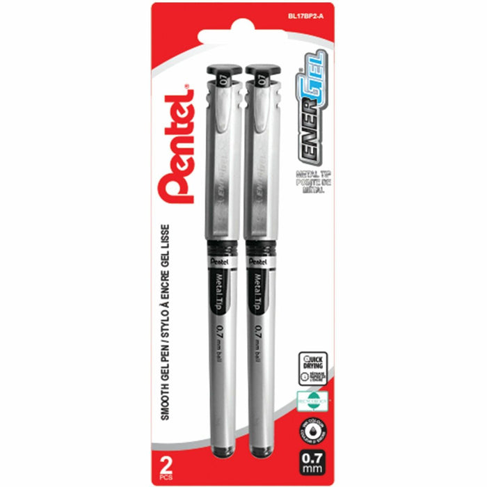 Pentel EnerGel Liquid Gel Pen, (0.7mm) Metal Tip, Capped, Black Ink, 2PC Pack - Liquid Gel Rollerball Pen with Cap to Protect Pockets, Everyday Writing, Office Supplies, School Supplies