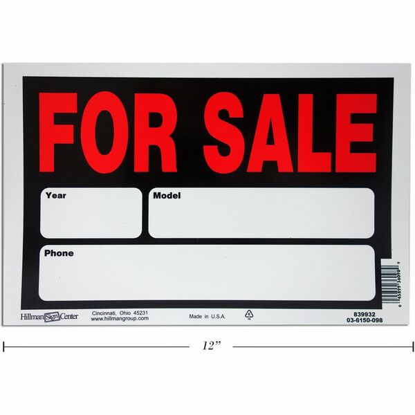 Hillman For Sale Auto Sign - English - Print/Message "For Sale" - 12" (304.80 mm) Width x 8" (203.20 mm) Height - Weather Resistant - Signage, Vehicle - 1 Each