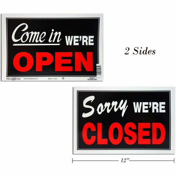 Hillman Open/Close Sign - English - 12" (304.80 mm) Width x 8" (203.20 mm) Height - Weather Resistant - Signage - 1 Each