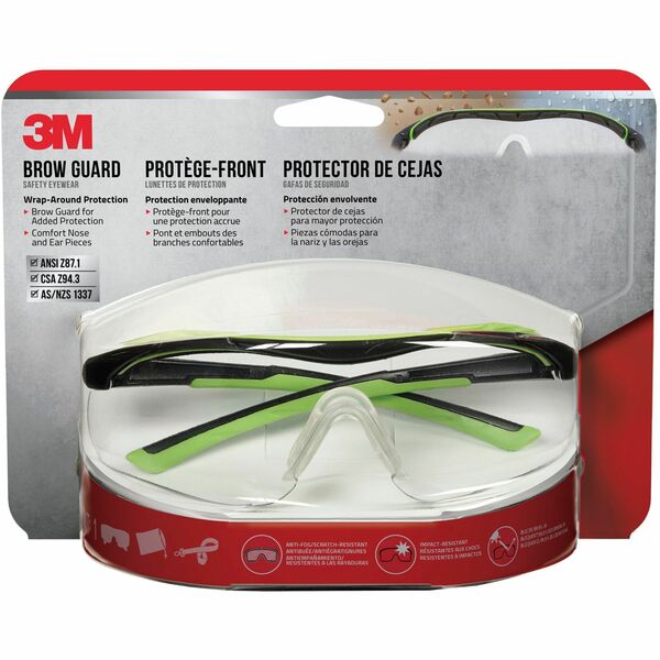 3M Safety Glasses - Recommended for: Indoor/Outdoor, Construction, Gardening, Home, Woodworking, Yardwork - Eye, Light, Impact, Debris, Fog, Ultraviolet, Flying Particle Protection - Clear Lens - Black/Green Frame - Browguard, Durable, Lightweight, Comfor