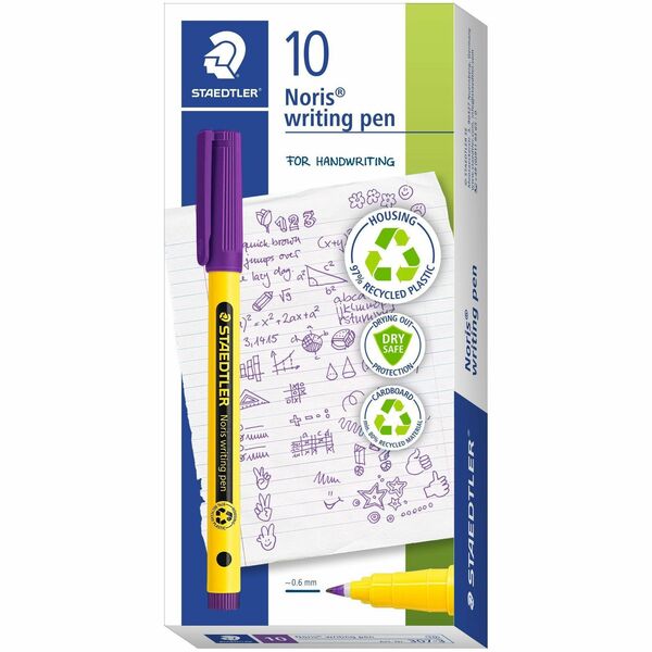 Staedtler Noris Writing Pen 307 - Fine, 0.6 mm (0.02") Pen Point - Washable - Violet Ink - Water Based - Plastic, Polypropylene Barrel - Writing - 10 / Pack
