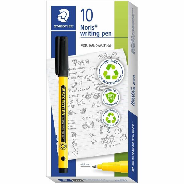 Staedtler Noris Writing Pen 307 - Fine, 0.6 mm (0.02") Pen Point - Washable - Black Ink - Water Based - Plastic, Polypropylene Barrel - Writing - 10 / Pack