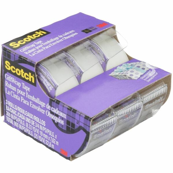 Scotch GiftWrap Tape, 311-ESF, 3/4 in x 8.33 yd (19 mm x 7.62 m) - 25 ft (7.6 m) Length x 0.75" (19 mm) Width - 1" (25.40 mm) Core - Satin - Polypropylene Film Backing - Synthetic Acrylic Adhesive - Dispenser Included - Handheld Dispenser - Yellowing Resi