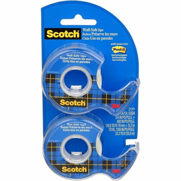Scotch Wall-Safe Tape, 183DM-2-ESF, 0.75 in x 600 in (19 mm x 15.5 m) - 17 yd (15.5 m) Length x 0.75" (19 mm) Width - Dispenser Included - For Wood, Wall, Metal, Mirror, Glass, Home, Office, Drywall, Stainless Steel, Window, Tile, ... - 1 Each