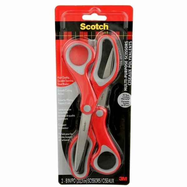 Scotch Multi-Purpose Scissors 1428-2-EF, 8 in (203.2 mm), 2/Pack - 8" (203.20 mm) Overall Length - Left/Right - Stainless Steel - Sharp Tip - Red - 2 / Pack