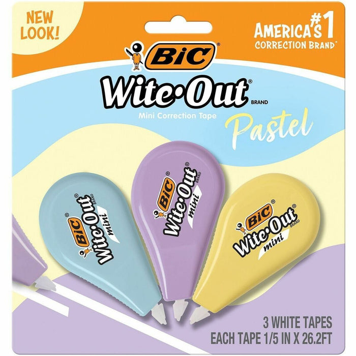Wite-Out Mini Correction Tape - 26.2 ft (8 m) Tape Length - White Tape - Tear Resistant, Easy to Use - Blue, Purple, Yellow - 3 / Pack