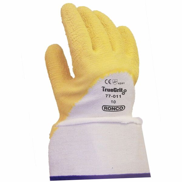 RONCO TrueGrit Gloves - X-Large - Abrasion, Cut, Snag, Wet Protection - Crinkle Latex Coating - X-Large Size - Latex - Yellow, Natural - Tear Resistant, Abrasion Resistant, Cut Resistant, Snag Resistant, Comfortable, Puncture Resistant, Textured Grip - Fo