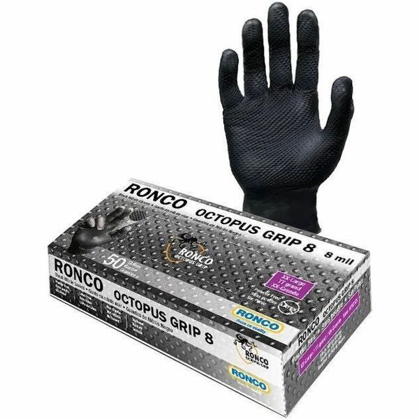 RONCO Octopus Grip Examination Gloves - Medium - 8 mil (0.20 mm) Thickness - Chemical Protection - Medium Size - Nitrile - Black - Latex-free, Diamond Textured, Chemical Resistant - For Automotive, Janitorial Use, Industrial, Electronic, Fishery, Housekee