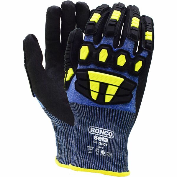 RONCO Sela Gloves - Medium - Cut, Impact, Hand, Oil Protection - Sandy Nitrile Coating - Medium Size - Thermoplastic Rubber (TPR) - Hi-Viz Yellow, Blue, Black - Touchscreen Capable - Cut Resistant, Impact Resistant, Puncture Resistant, Lightweight, Comfor
