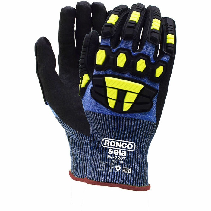 RONCO Sela Gloves - X-Large - Cut, Impact, Hand, Oil Protection - Sandy Nitrile Coating - X-Large Size - Thermoplastic Rubber (TPR) - Hi-Viz Yellow, Blue, Black - Touchscreen Capable - Cut Resistant, Impact Resistant, Puncture Resistant, Lightweight, Comf