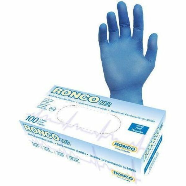 RONCO NE2 Examination Gloves - Large - 4 mil (0.10 mm) Thickness - Contaminant, Allergy, Chemical, Organic Solvent Protection - Large Size - For Right/Left Hand - Nitrile - Blue - Latex-free, Comfortable, Durable, Flexible, Ambidextrous, Textured - For Ch