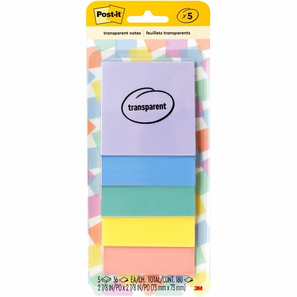 Post-it&reg; Transparent Notes 3x3 Pastel - Square - 36 Sheets per Pad - Pastel - Sticky, Self-adhesive - 5 / Pack