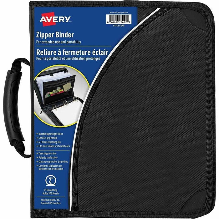 Avery Black Zipper Binder - 375 Sheet Capacity - 2 4/5" (71.12 mm) Spine Width - 3 x 2" (50.80 mm) Ring - Fastener: 3 x Round Ring - Pocket: 6 - Fabric - Black - Document Holder, Storage Pocket, Zipper Closure, Expandable, Notebook, Sturdy, Handle, Durabl