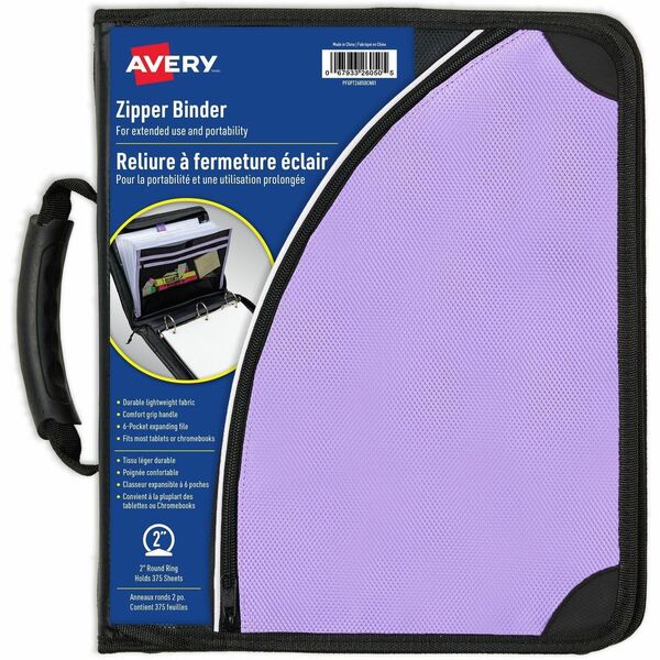 Avery Purple Zipper Binder - 375 Sheet Capacity - 2 4/5" (71.12 mm) Spine Width - 3 x 2" (50.80 mm) Ring(s) - Fastener(s): 3 x Round Ring - Pocket(s): 6 - Fabric - Purple - Document Holder, Storage Pocket, Zipper Closure, Expandable, Notebook, Sturdy, Han