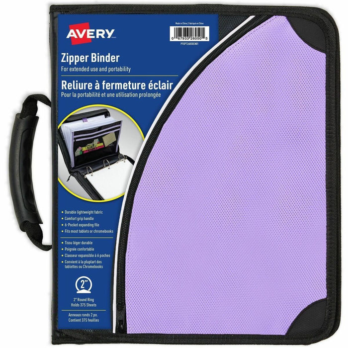 Avery Purple Zipper Binder - 375 Sheet Capacity - 2 4/5" (71.12 mm) Spine Width - 3 x 2" (50.80 mm) Ring - Fastener: 3 x Round Ring - Pocket: 6 - Fabric - Purple - Document Holder, Storage Pocket, Zipper Closure, Expandable, Notebook, Sturdy, Handle, Dura