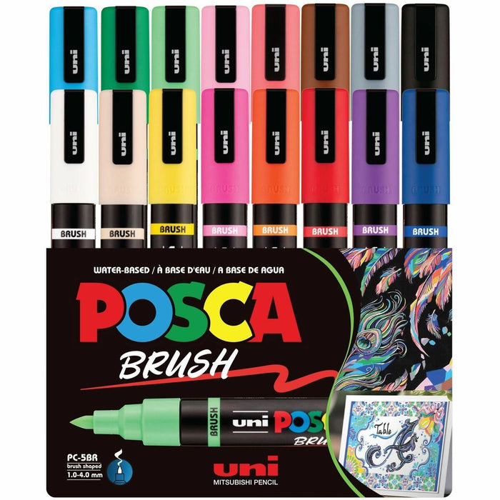 uni&reg; POSCA PC-5BR, Water-Based Paint Brush Tip Markers (16 Pack) - Erasable - Assorted Ink - Water Based - Drawing, Project, Art - 16 / Pack