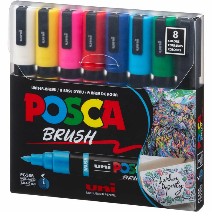 uni&reg; POSCA PC-5BR, Water-Based Brush Tip Paint Markers (8 Pack) - Erasable - Assorted Ink - Water Based - Drawing, Project, Art - 8 / Pack