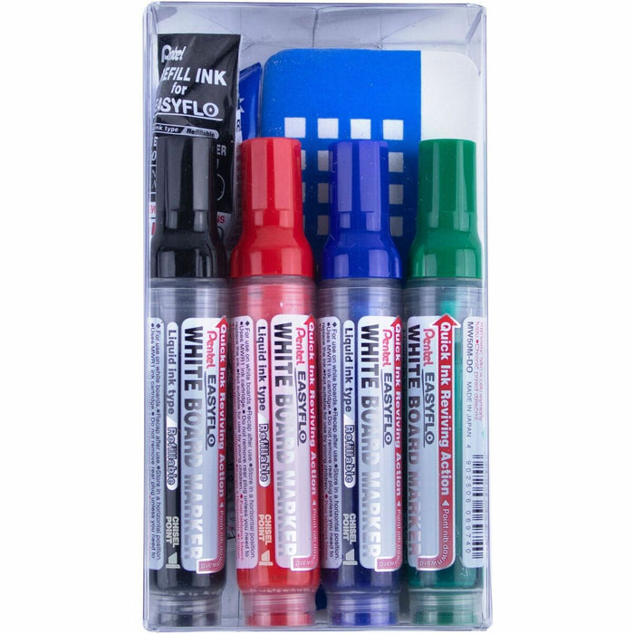 Pentel Easyflo White Board Marker with Board Eraser Set - Chisel Point (1.3/5.2mm) - Refillable - Liquid - 7 / Pack