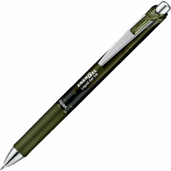 Pentel EnerGel Gel Pen - 0.35 mm (0.01") Pen Point - Refillable - Retractable - Olive Green Ink - Liquid Gel Ink - Stainless Steel Barrel - Metal Tip - Office
