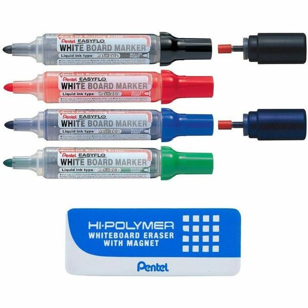 Pentel Easyflo White Board Marker with Board Eraser Set - Bullet Point (6.0mm) - 6 mm (0.24") Bullet Marker Point - Refillable - Liquid - 7 / Pack