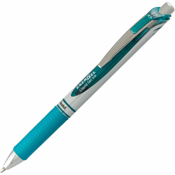 EnerGel BL77 Pen Turquoise - Refillable - Retractable - Turquoise Ink - Liquid Gel Ink - Silver Barrel - Metal Tip - 1 Each