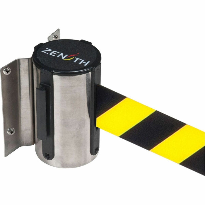 Zenith Safety Products Wall Mount Barrier, Steel, Screw Mount, 7', Black/Yellow Tape - 84" (2133.60 mm) Black/Yellow Tape Attachment - 5.62" (142.75 mm) Height x 3.62" (91.95 mm) Length - Locking Mechanism, Retractable - Stainless - Steel - 1 Each