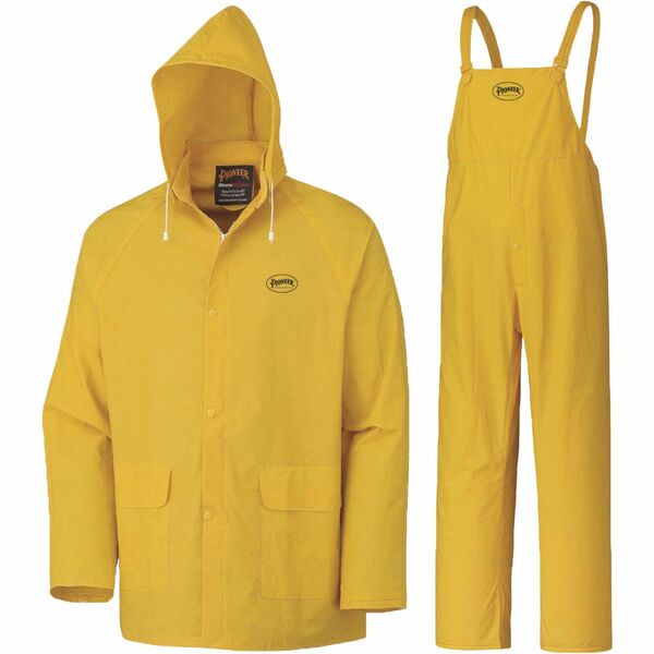 Pioneer 577 Rain Suit - X-Large - Rain, Water, Wind Protection - Snap/Zipper Closure - 2 Pocket(s) - Polyester, Polyvinyl Chloride (PVC) - Yellow - Detachable Hood, Ventilation, Cargo Pocket, Snap Closure, Zipper Closure, Welded Seam, Corduroy Collar, Adj
