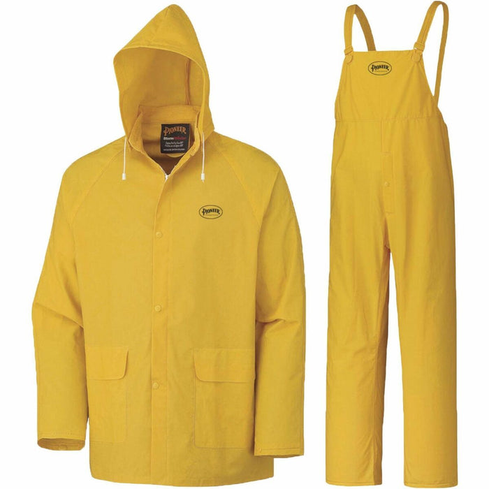 Pioneer 577 Rain Suit - X-Large - Rain, Water, Wind Protection - Snap/Zipper Closure - 2 Pocket(s) - Polyester, Polyvinyl Chloride (PVC) - Yellow - Detachable Hood, Ventilation, Cargo Pocket, Snap Closure, Zipper Closure, Welded Seam, Corduroy Collar, Adj