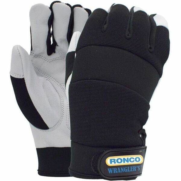 RONCO Wrangler's 72-082 Work Gloves - Abrasion, Dirt, Debris Protection - Medium Size - Grain Leather - Black - Durable, Comfortable, Abrasion Resistant, Hooded Fingertip, Snug Fit, Elastic Wrist, Velcro Strap, Padded Knuckle - For Automotive, Gardening,