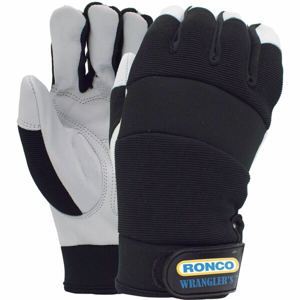 RONCO Wrangler's 72-082 Work Gloves - Abrasion, Dirt, Debris Protection - Small Size - Grain Leather - Black - Durable, Comfortable, Abrasion Resistant, Hooded Fingertip, Snug Fit, Elastic Wrist, Velcro Strap, Padded Knuckle - For Automotive, Gardening, L