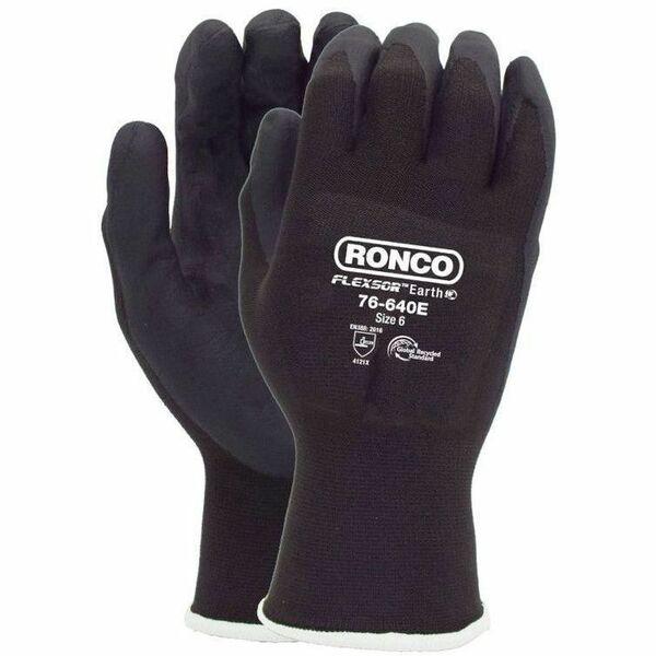 RONCO Flexsor Earth 76-640E Work Gloves - Abrasion, Oil, Wet Protection - Biodegradable Foam Nitrile Coating - X-Small Size - Spandex - Black - Touchscreen Capable - Biodegradable, Latex-free, Abrasion Resistant, Flexible, Durable, Breathable, Cut Resista