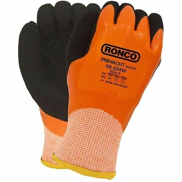 RONCO PrimaCut 69-594W Work Gloves - Hand, Wet, Oil, Abrasion, Cold Temperature Protection - Latex Coating - X-Large Size - Acrylic, Steel, Glass, Fiber - Black, Orange - Flexible, Abrasion Resistant, Puncture Resistant, Cut Resistant, Blade Cut Resistant