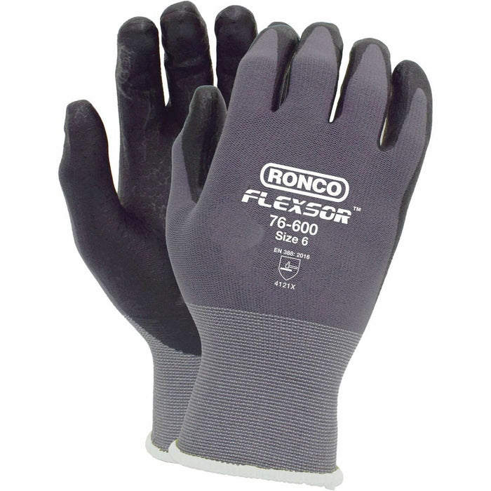 RONCO Flexsor 76-600 Work Gloves - Abrasion, Oil Protection - Microfoam Nitrile Coating - 6 Size Number - X-Small Size - Black/Gray - Lightweight, Breathable, Latex-free, Abrasion Resistant, Flexible - For Assembly, Finished Goods, Equipment Operation, Ma