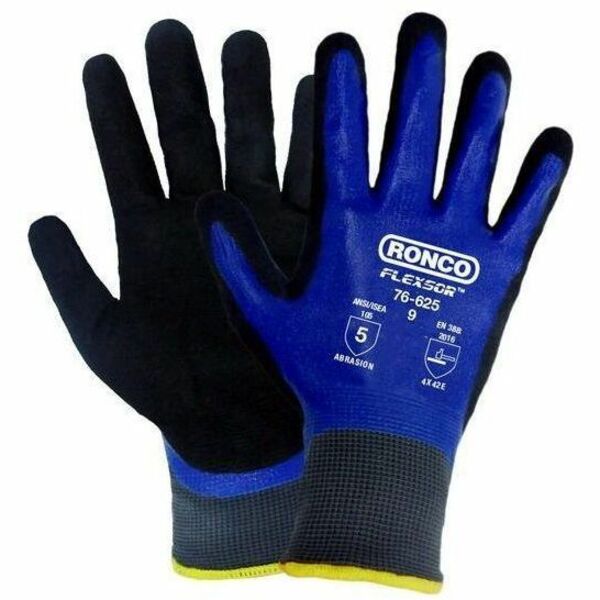 RONCO Flexsor 76-625 Work Gloves - Oil, Abrasion, Dirt Protection - Sandy Nitrile Coating - 8 Size Number - Medium Size - Nitrile - Black, Blue - Abrasion Resistant, Latex-free, Breathable, Blade Cut Resistant, Tear Resistant, Puncture Resistant, Cut Resi