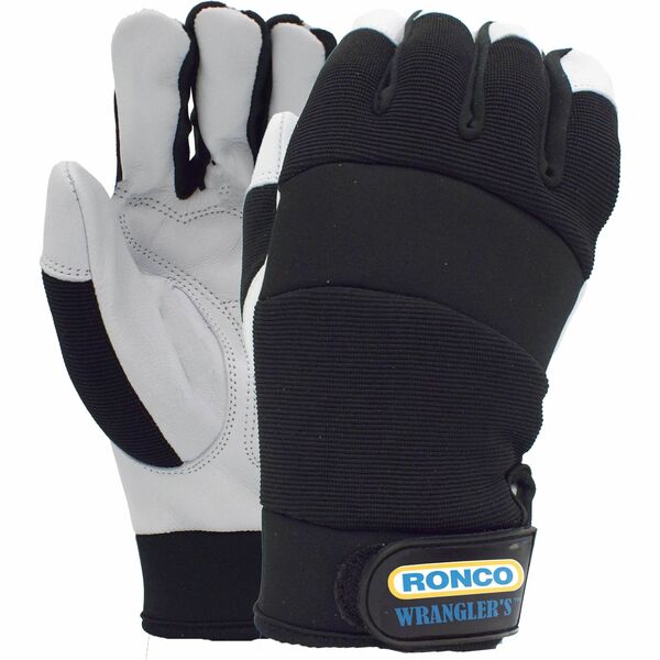 RONCO Wrangler's 72-082 Work Gloves - Abrasion, Dirt, Debris Protection - Large Size - Grain Leather - Black - Durable, Comfortable, Abrasion Resistant, Hooded Fingertip, Snug Fit, Elastic Wrist, Velcro Strap, Padded Knuckle - For Automotive, Gardening, L