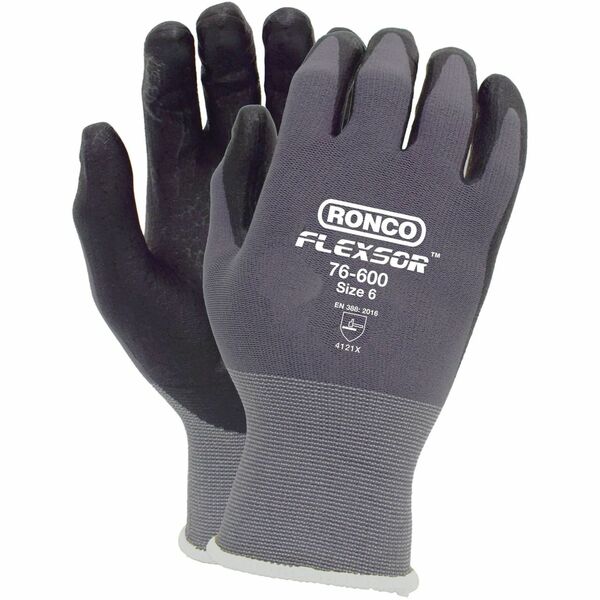 RONCO Flexsor 76-600 Work Gloves - Abrasion, Oil, Wet Protection - Microfoam Nitrile Coating - 9 Size Number - Large Size - Black/Gray - Lightweight, Breathable, Latex-free, Abrasion Resistant, Flexible, Comfortable - For Assembly, Finished Goods, Equipme