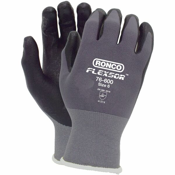 RONCO Flexsor 76-600 Work Gloves - Abrasion, Oil, Wet Protection - Microfoam Nitrile Coating - 8 Size Number - Medium Size - Black/Gray - Lightweight, Breathable, Latex-free, Abrasion Resistant, Flexible, Comfortable - For Assembly, Finished Goods, Equipm