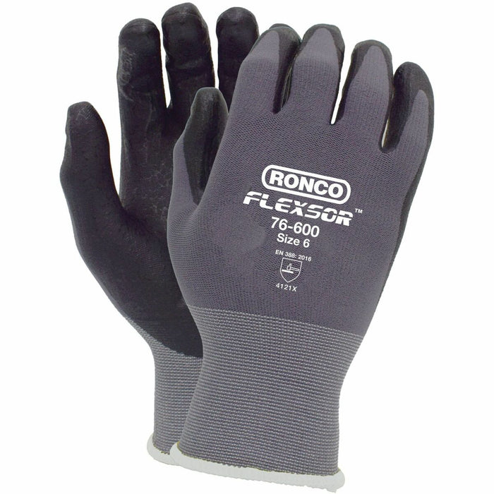 RONCO Flexsor 76-600 Work Gloves - Abrasion, Oil, Wet Protection - Microfoam Nitrile Coating - 8 Size Number - Medium Size - Black/Gray - Lightweight, Breathable, Latex-free, Abrasion Resistant, Flexible, Comfortable - For Assembly, Finished Goods, Equipm