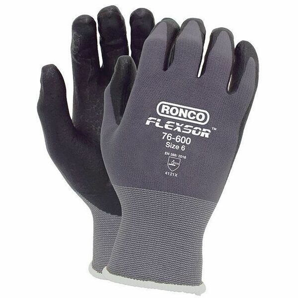 RONCO Flexsor 76-600 Work Gloves - Abrasion, Oil, Wet Protection - Microfoam Nitrile Coating - 7 Size Number - Small Size - Black/Gray - Lightweight, Breathable, Latex-free, Abrasion Resistant, Flexible, Comfortable - For Assembly, Finished Goods, Equipme