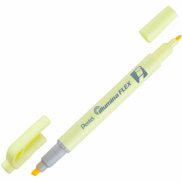 Pentel Illumina Flex Dual Tip Highlighters Pastel Yellow 10/box - Fine Chisel, Bullet Marker Point - Refillable - Pastel Yellow Ink - 10 / Box