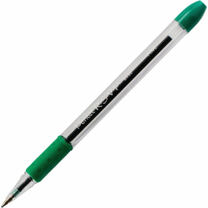 Pentel R.S.V.P. Ballpoint Pen, (0.7mm), Green Ink - Refillable - Green Ink - Transparent Barrel - Office, School, Writing - 12 / Box