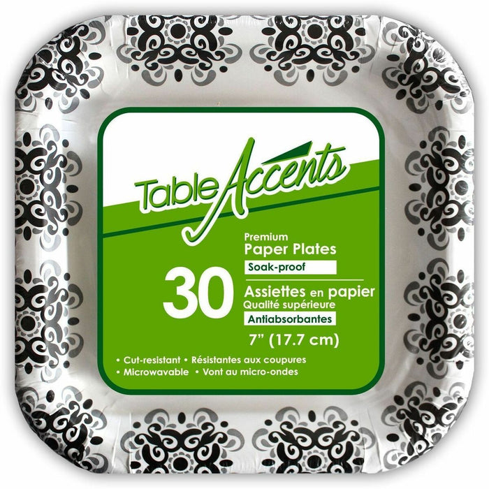 Chef Elite Table Accents - Premium Paper Plates - 7" - Soak-proof - Square - 30Pk - Microwave Safe - Paper Body - Square - 30 / Pack